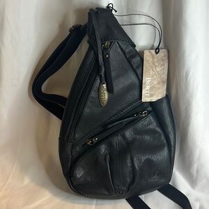 Born Black Leather Backpack with Teardrop Shape and Multiple Compartments